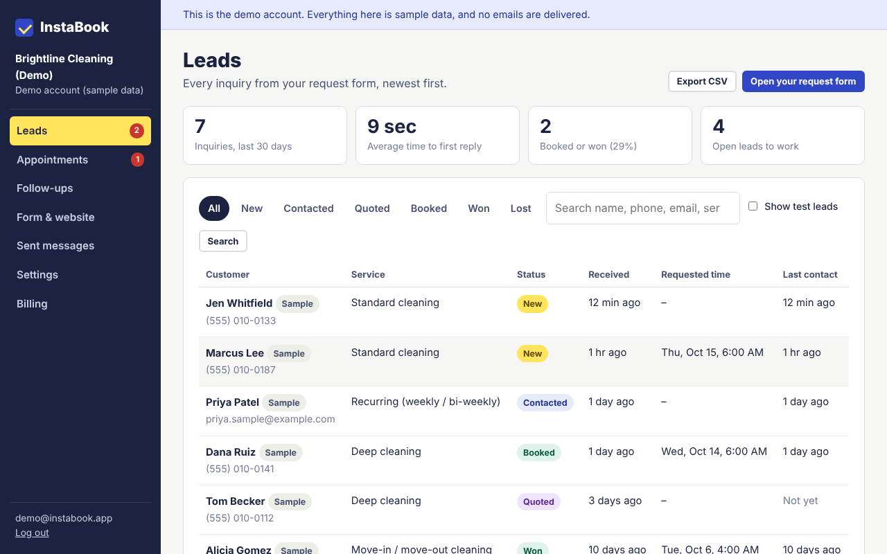 InstaBook lead dashboard showing a list of inquiries with their status